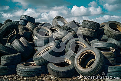 Old rubber tires dumped, mound of used car tires in junkyard Stock Photo