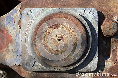 old ruined steam locomotive machanical parts close up detail Stock Photo