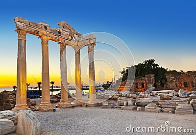 Old ruins in Side, Turkey at sunset Stock Photo