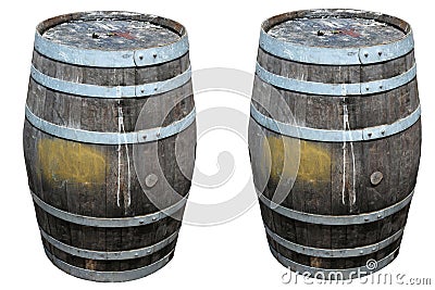 An old Rum Barrel sits on a wooden board walk. old dirty wooden keg or rum barrel. On a white background Stock Photo