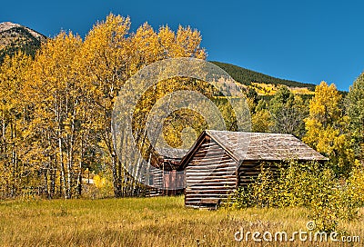 Rural Country Cabin in Colorado fall colors Stock Photo