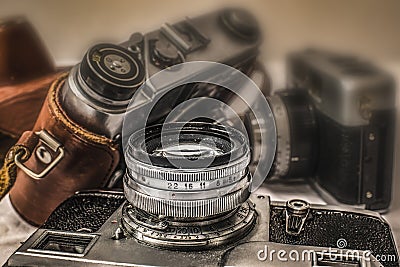 Old Russian analog film cameras with manual controls Stock Photo