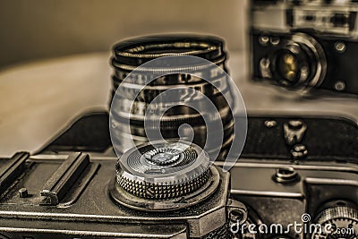 Old Russian analog film cameras with manual controls Stock Photo