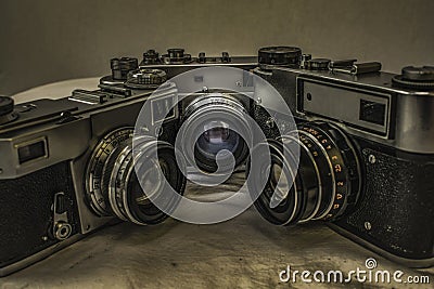 Old Russian analog film cameras with manual controls Stock Photo