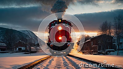 old Russian steam train passing a small station in the middle of a snowy wasteland Stock Photo