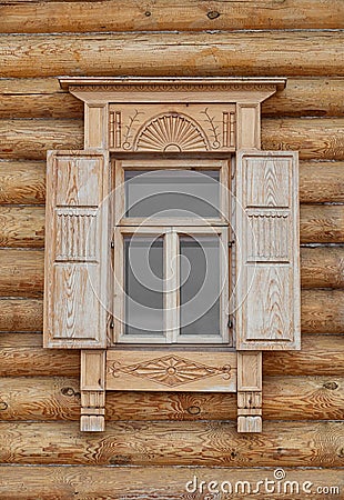 Old Russian Style Window with Wood Frame Stock Photo