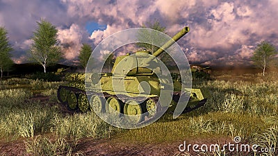 Old russian tank T 34 on WWII battlefield Cartoon Illustration