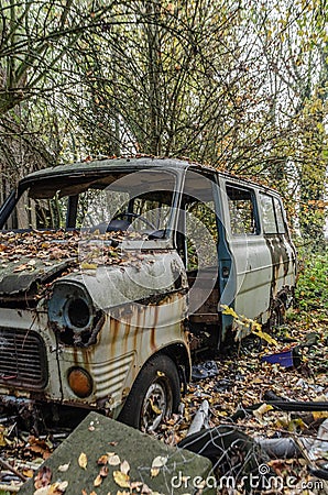Rusted abandoned bus in forest Stock Photo