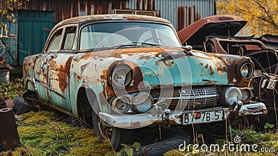 An old, rusted car sits abandoned in a desolate landscape, remnants of a bygone era. Stock Photo