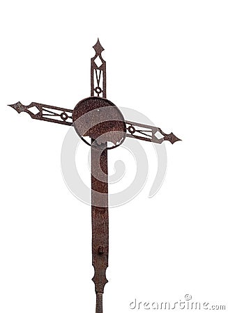 Old rusted cross, crucifix, isolated on white. Stock Photo