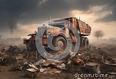 An old, rusted semi-truck with a tank trailer in a desolate, post-apocalyptic landscape. Stock Photo