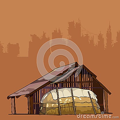 Old rustic barn with a large haystack Vector Illustration