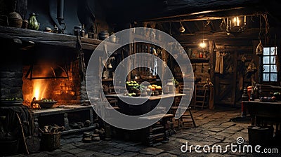 An old rustic kitchen setting with a wood oven Cartoon Illustration