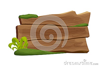 Old rustic plank, wooden banner with moss and grass in cartoon style isolated on white background. Wood textured Vector Illustration