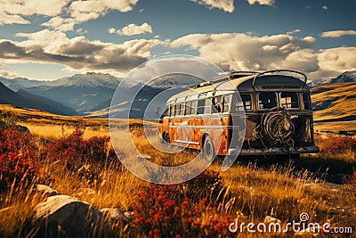 old rusty abandoned bus stands in the desert. Beautiful view of the snowy mountains in the distance Stock Photo