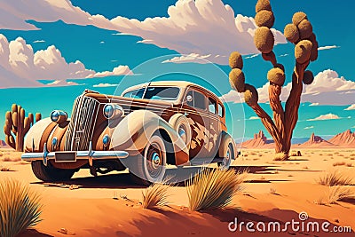 Old rusty abandoned car in the middle of the desert, Humanly enhanced AI Generated Stock Photo