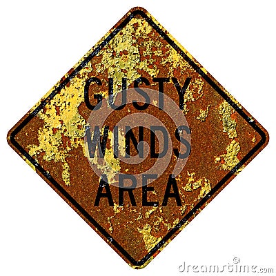 Old rusty American road sign - Gusty Winds Area Stock Photo