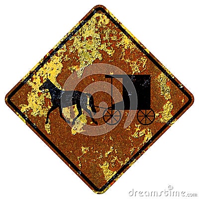 Old rusty American road sign - Horse-drawn vehicle ahead Stock Photo