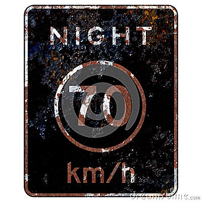 Old rusty American road sign - Night Speed Limit metric Stock Photo