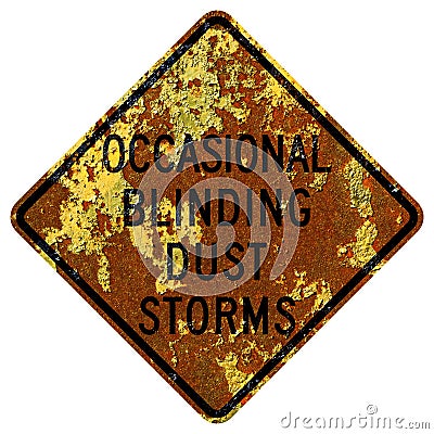 Old rusty American road sign - Occasional blinding dust storms sign, Idaho Stock Photo