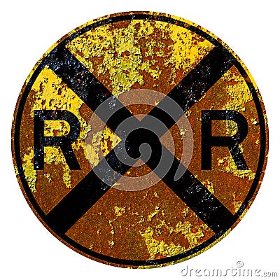 Old rusty American road sign - Railroad Crossing ahead Stock Photo