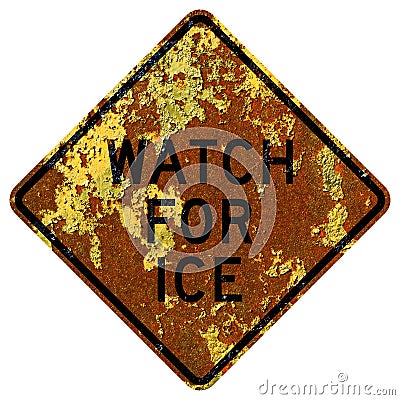 Old rusty American road sign - Watch for ice, Pennsylvania copy Stock Photo