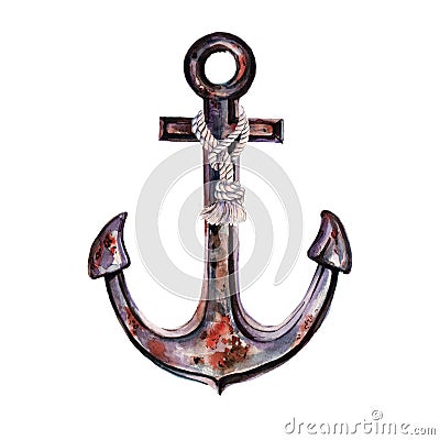 Old rusty anchor of marine ship vessel with rope. Marine themes. Cartoon Illustration