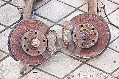 Old rusty brakes from the car Stock Photo