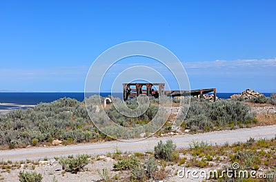 Old rusty broken building in Antelope island Stock Photo