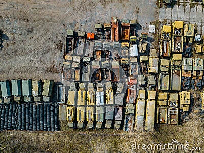 Old rusty broken Russian military cars for scrap metal, top view Stock Photo