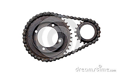 Old rusty chain gear, small and large collars joined by a chain. Isolated on a white background with clipping path. Stock Photo