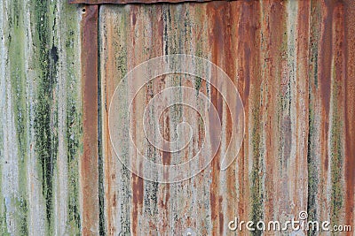 Old rusty corrugated metal background with red oxidisation and green mould Stock Photo