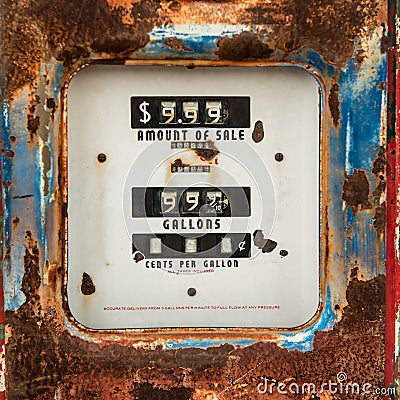 Old rusty counter on gasoline retro pump Stock Photo