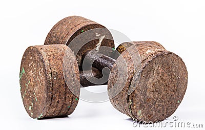 Old rusty dirty dumbbells. Old dumbbells on white background Stock Photo