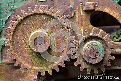 Old rusty gear overgrown with green moss Stock Photo
