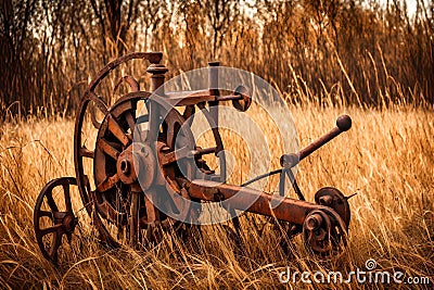 Old rusty grass cutting machine, village landscape background. Stock Photo