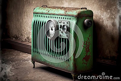 old rusty green heating radiator with temperature controller Stock Photo