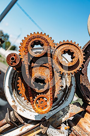 Old rusty mechanism. Old gears and pulleys with chain Stock Photo