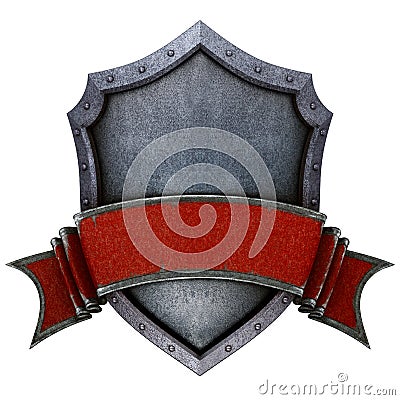 Old rusty medieval shield with rusty red ribbon. Stock Photo