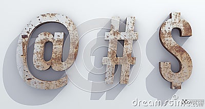 Old rusty metal arroba, hashtag, dolar, sign, Alphabet retro 3d render. Stock Photo