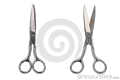 Old rusty metal closed and open scissors set white background isolated closeup, vintage steel cutting tool for paper, fabric clip Stock Photo