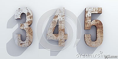 Old rusty metal. Numbers 3, 4, 5. Alphabet retro 3d render. Is Stock Photo