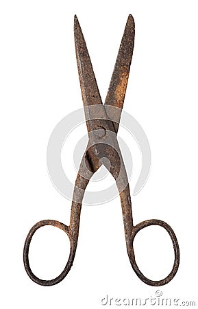 Old rusty metal scissors isolated clipping path. Stock Photo