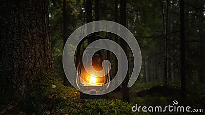 Old rusty oil lamp in dark autumn forest. Mystical scene with old kerosene lantern outdoor Stock Photo