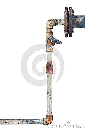 Old rusty pipes, aged weathered isolated grunge iron vertical pipeline, plumbing connection joints with industrial tap fittings Stock Photo