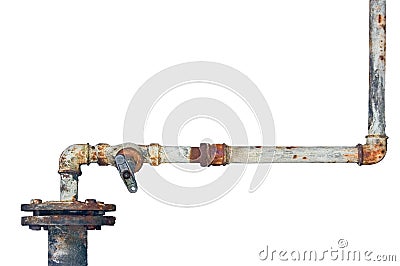 Old rusty pipes, aged weathered isolated grunge rust iron pipeline and plumbing connection joints, industrial tap fittings, faucet Stock Photo