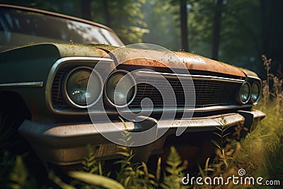 Old rusty retro car overgrown with grass in the forest. Abandoned classic old automobile with rust on metal. Generative AI Stock Photo