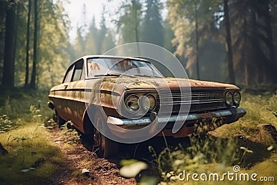 Old rusty retro car overgrown with grass in the forest. Abandoned classic old car with rust on metal. Generative AI Stock Photo