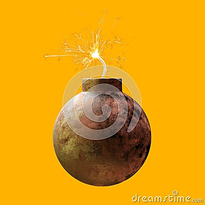 Old rusty round iron bomb ignited and sparkling isolated on yellow background Stock Photo