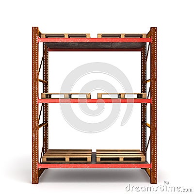 Old rusty shelving for pallets with empty pans Stock Photo